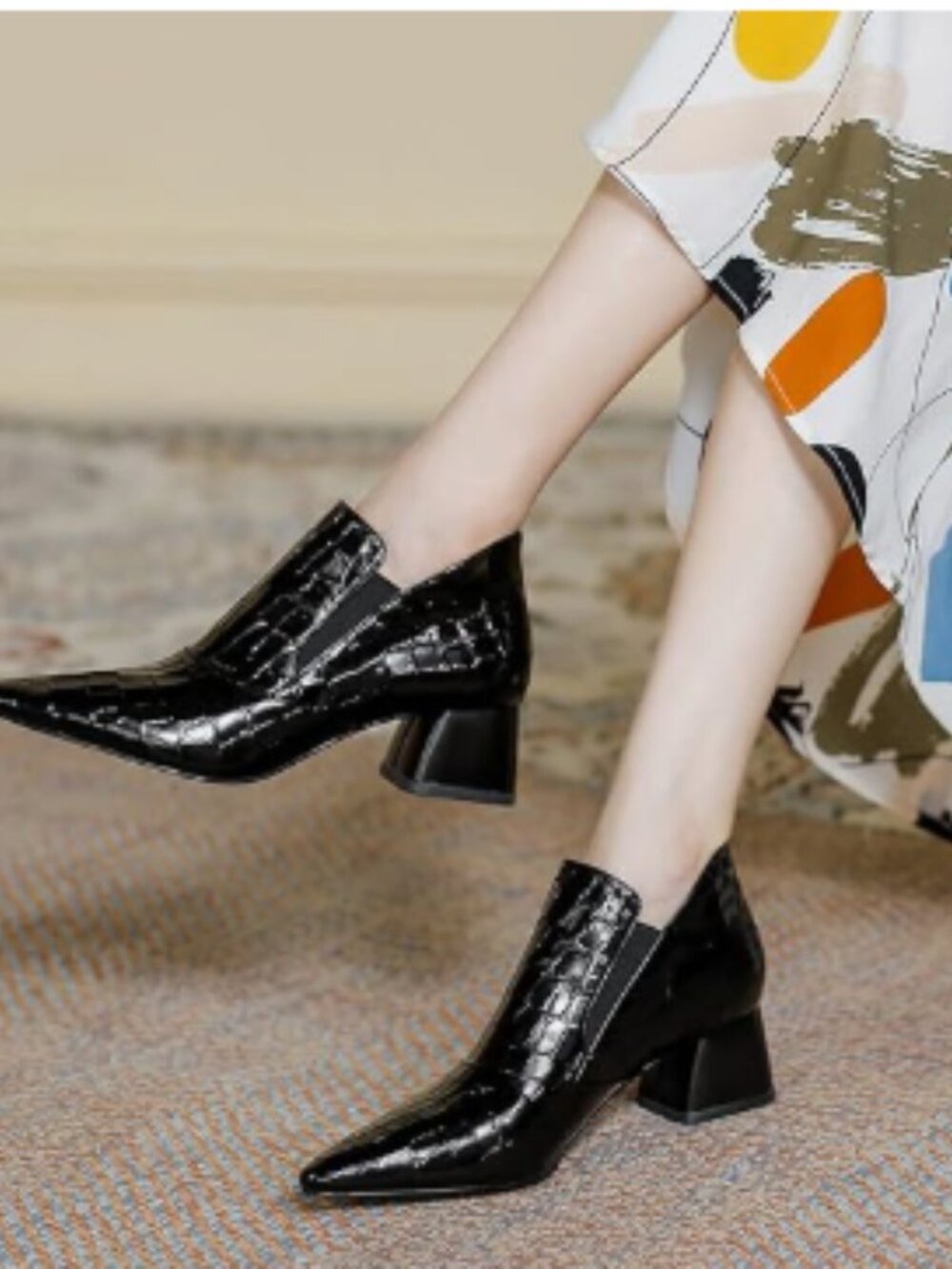 YDN Black Sexy Pointed Toe Ankle Boots Chunky Low Heel Booties Pull on Shoe